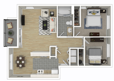 Floor plan for 2 beds, 1 bath, 832 sqft